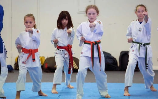 a group of children in karate uniforms