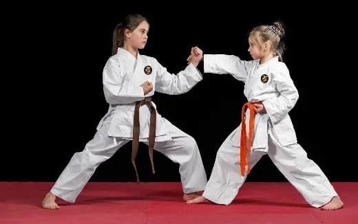 two girls in karate uniforms