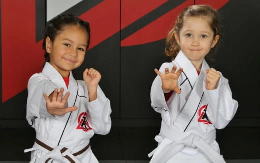 a couple of girls in karate uniforms