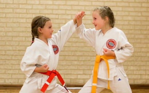 a couple of girls in karate uniforms