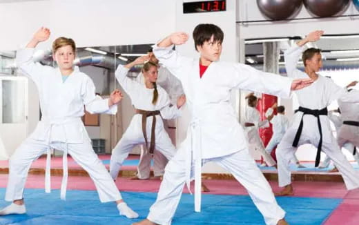 a group of people in karate uniforms