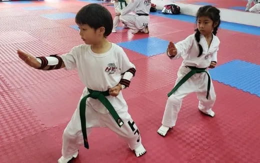 a couple of kids in karate uniforms