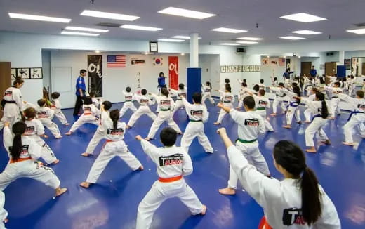 a group of people in karate uniforms