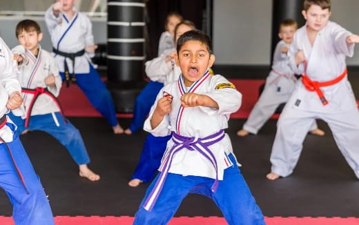 a group of children in karate uniforms