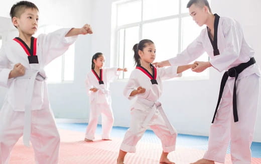 a group of people in karate uniforms