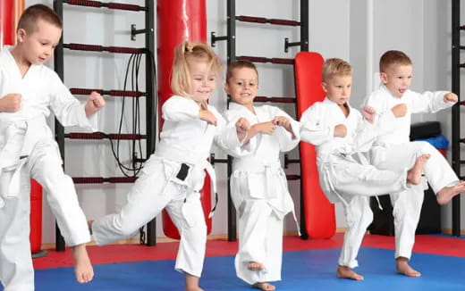 a group of children in karate uniforms