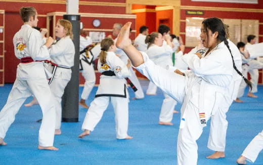 a group of people in karate uniforms