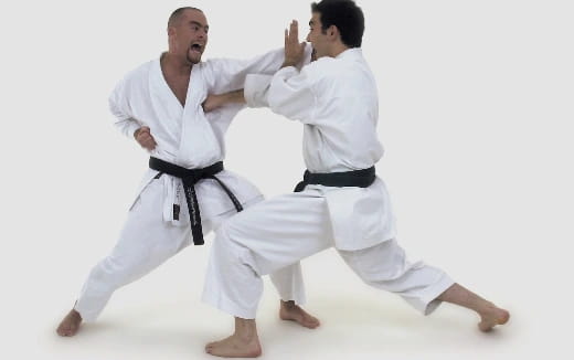 a man and a woman in karate uniforms