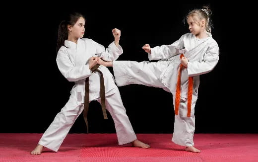 a couple of girls in karate uniforms