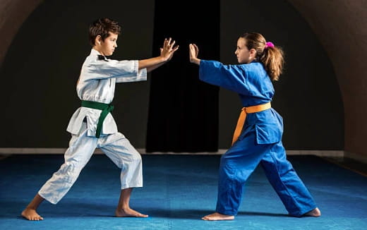 a boy and girl in karate uniforms