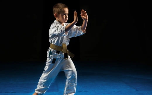 a boy in a karate uniform