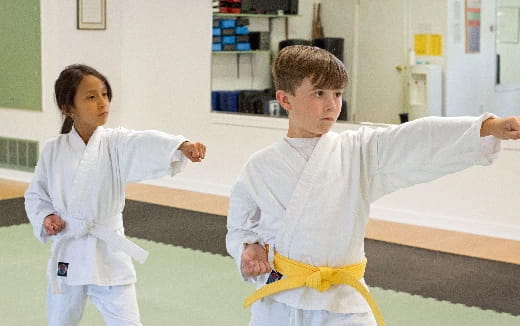 a boy and girl in karate uniforms