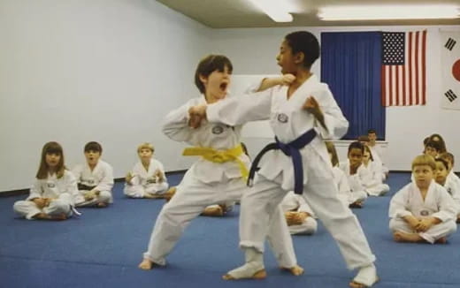 a man and a woman in karate uniforms with a flag in the background