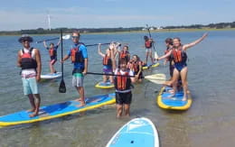 a group of people on paddle boards