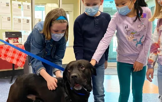 a group of children with a dog