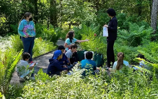 a group of people sitting in a circle in the middle of a forest