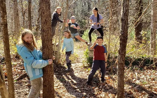 a group of people walking through the woods