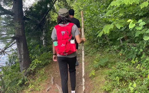 a couple of people walking on a trail in the woods