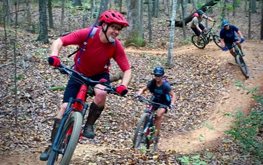 a group of people riding bikes on a trail in the woods