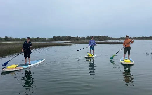 a group of people on paddle boards in a lake