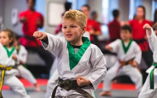 a boy in a karate uniform