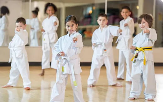 a group of children in karate uniforms