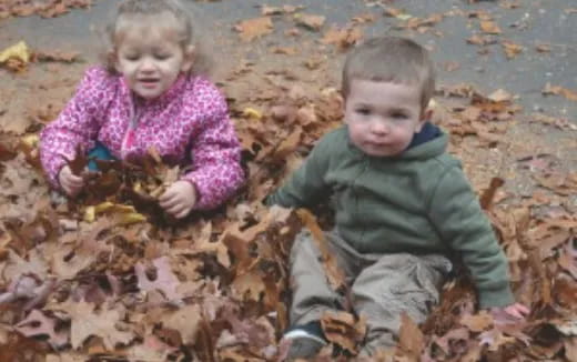 a couple of children playing in leaves