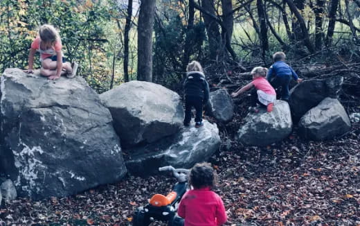a group of kids playing on rocks