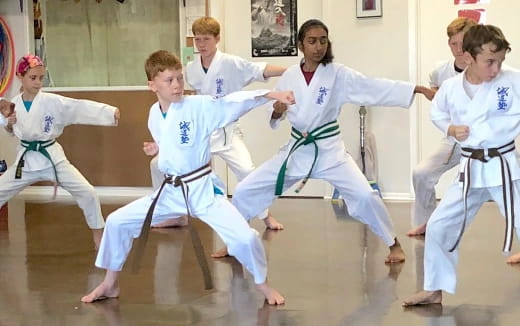 a group of people in karate uniforms