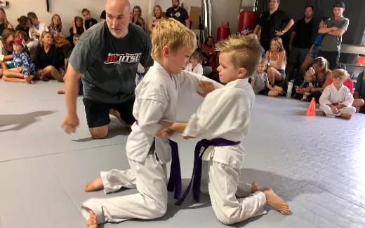 a person and a boy practicing karate