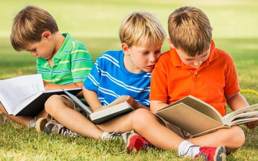 a group of boys sitting on the grass looking at a laptop