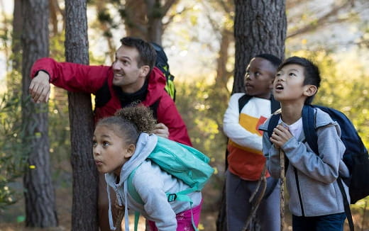 a group of people standing in a forest