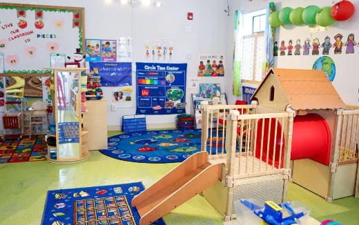 a child's playroom with toys and toys