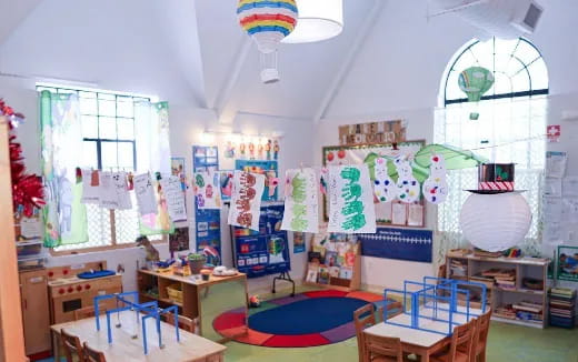 a classroom with colorful chairs and tables
