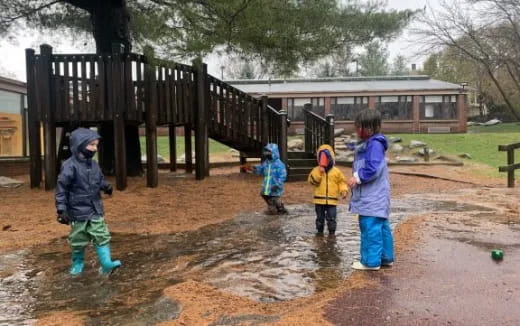 a group of children playing in a puddle