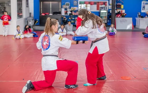 a couple of girls in a karate class