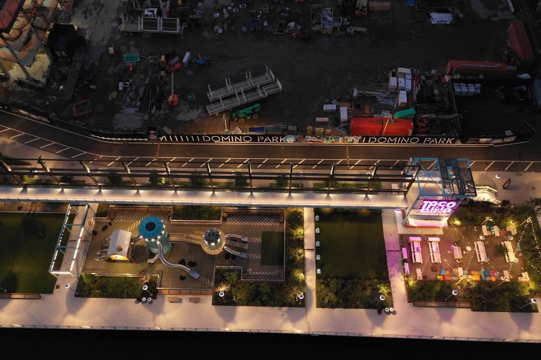 aerial view of city buildings during night time