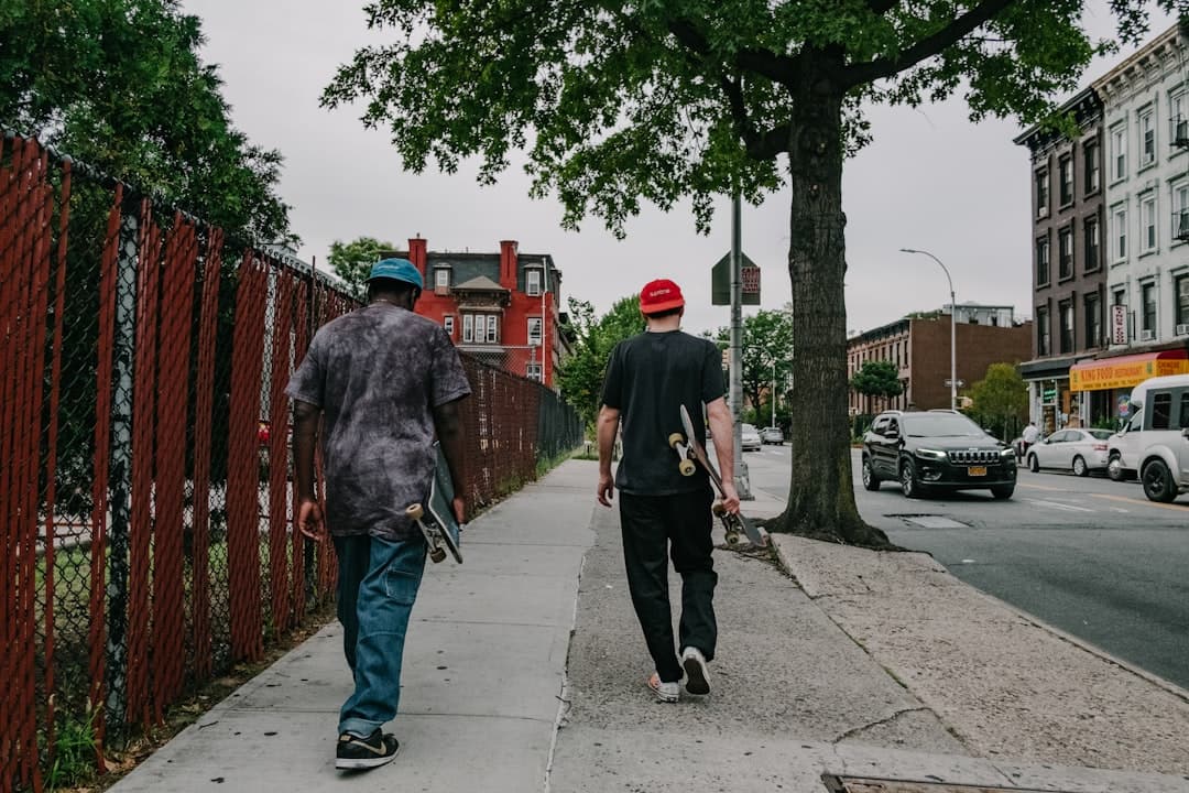 two men holding skateboard while walking on pathway near fence
