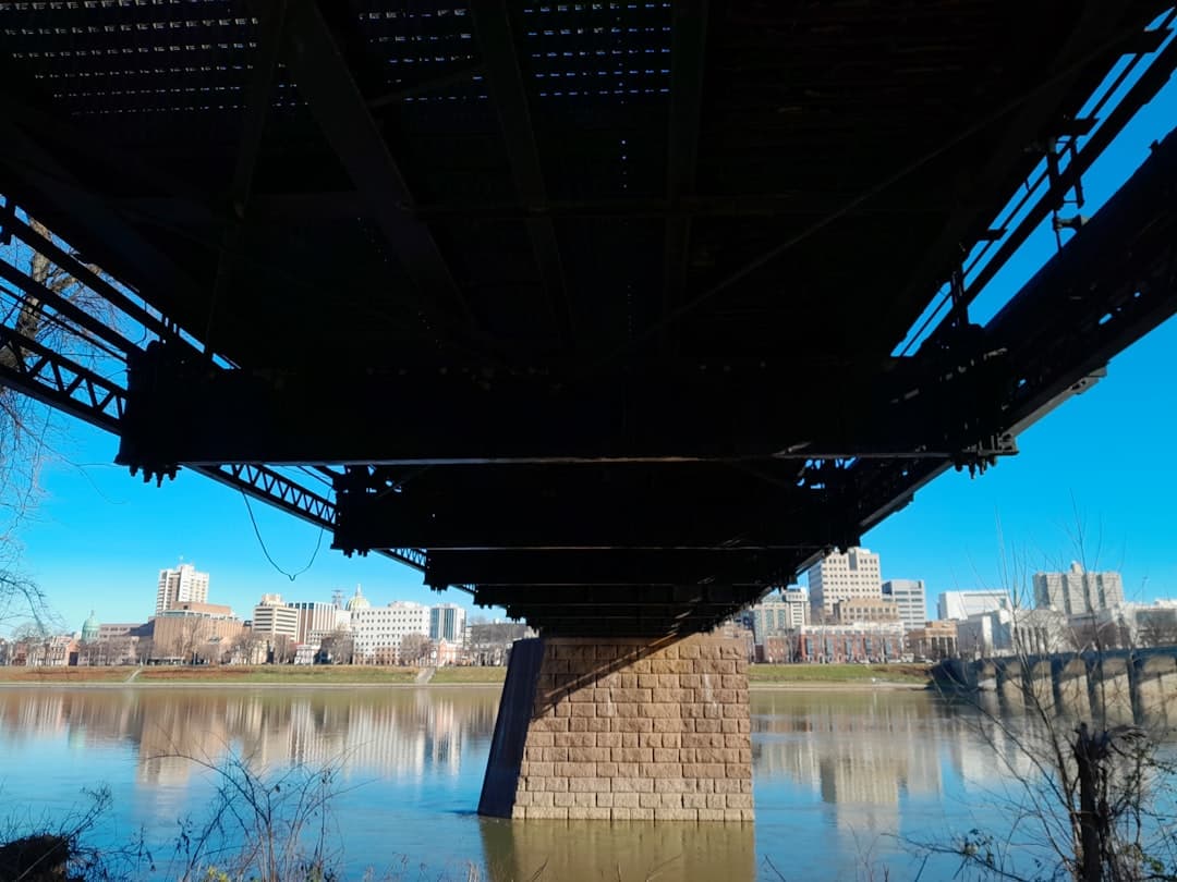 the underside of a bridge over a body of water