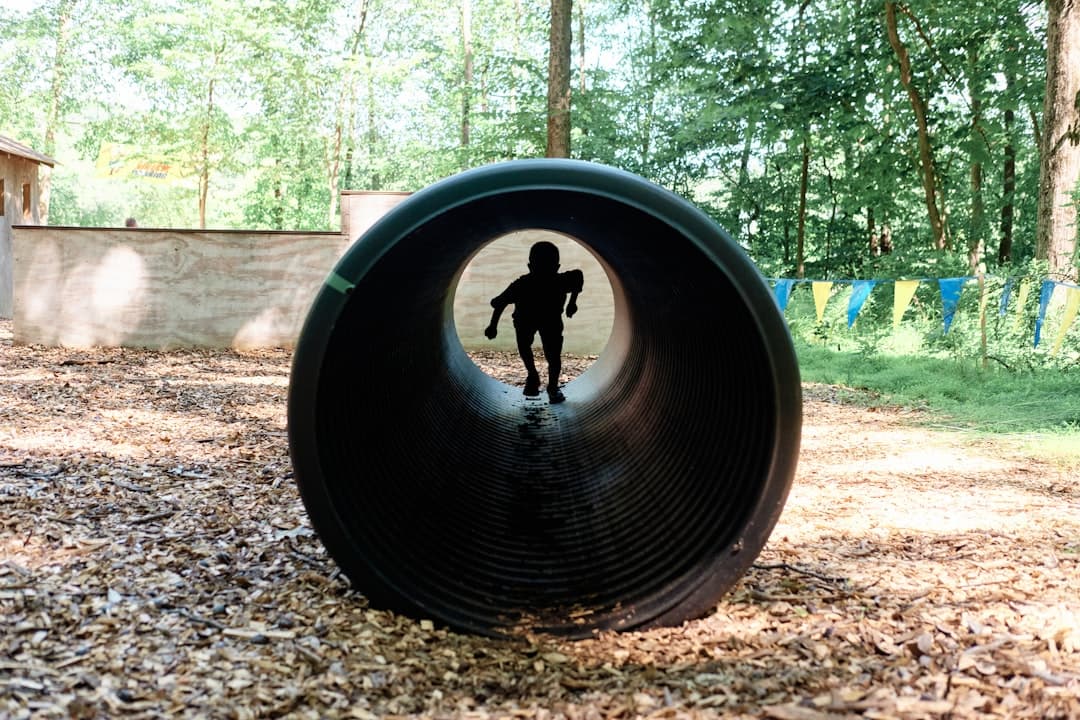 a child's silhouette is seen through the hole in a tire