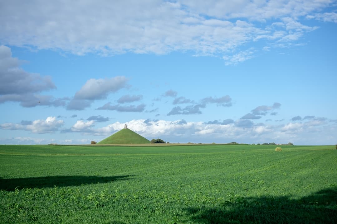 a green field with a hill in the background