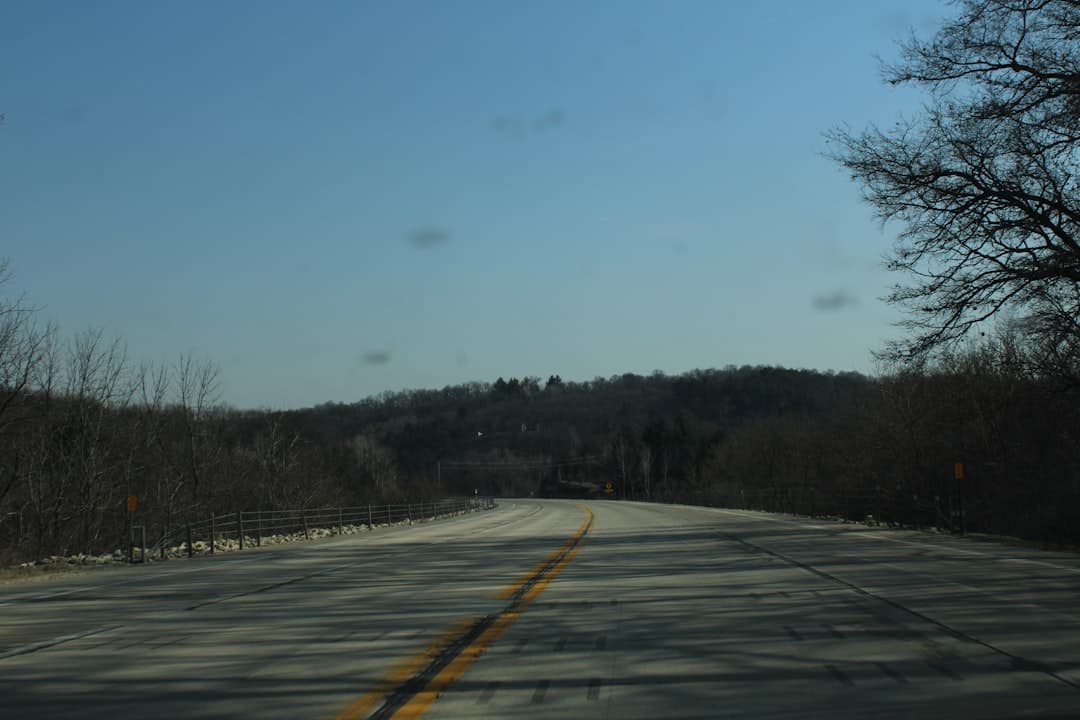 a view of a road with trees and a hill in the distance