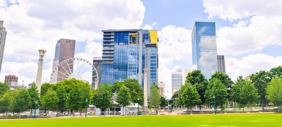 a grassy field in a park with tall buildings in the background