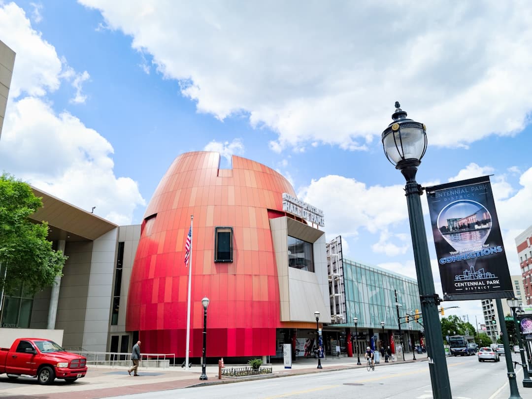 a red building on the corner of a street